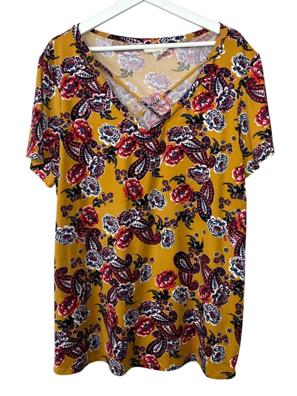No Comment Plus Womens 3X Floral Paisley V Neck Top Boho Short Sleeve
